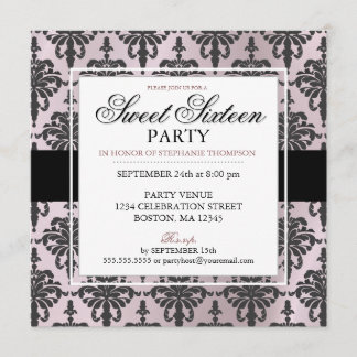 Schwarzer Rosengitter Damast Sweet 16 Party Einlad Einladung