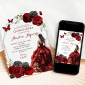 Schwarzer Roter Burgund Blumenprinzessin Quinceañe Einladung