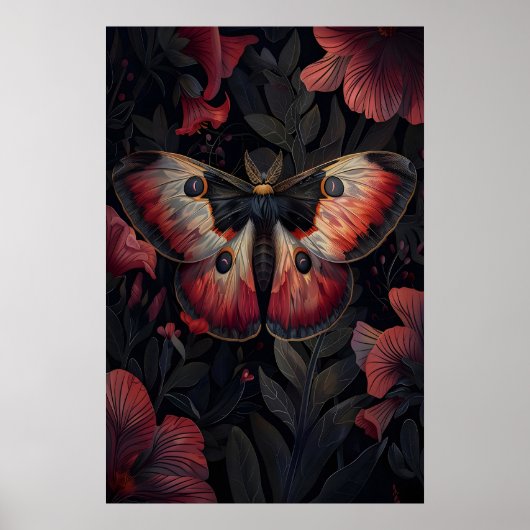 Schwarzer roter Mottenaufdruck dunkle Botanik, Dun Poster (Vorne)