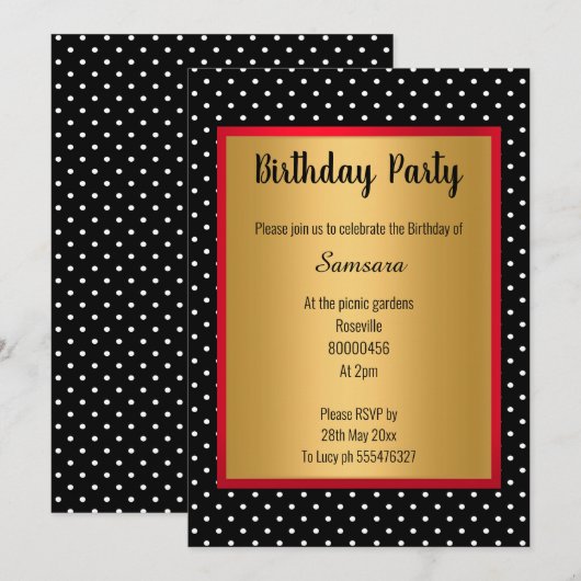 SCHWARZER ROTER SPOTPATTERN GOLD JEDEN ANLASS EINLADUNG (Vorne/Hinten)