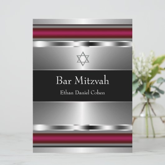 Schwarzer Roter Star von David Bar Mitzvah Einladung (Stehend Vorderseite)