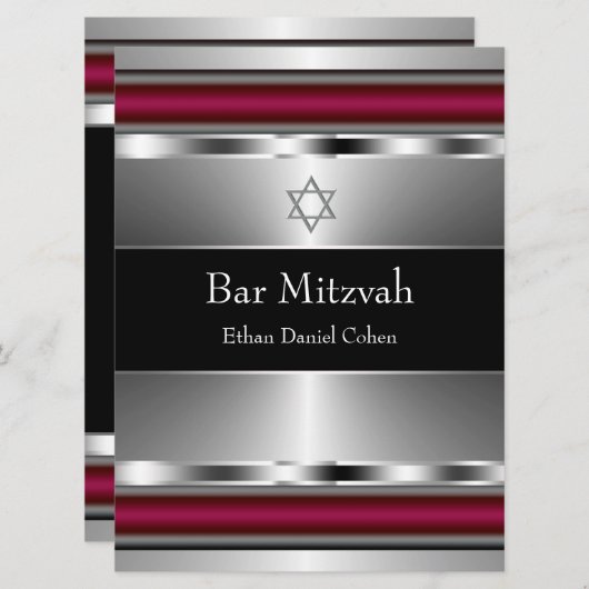 Schwarzer Roter Star von David Bar Mitzvah Einladung (Vorne/Hinten)