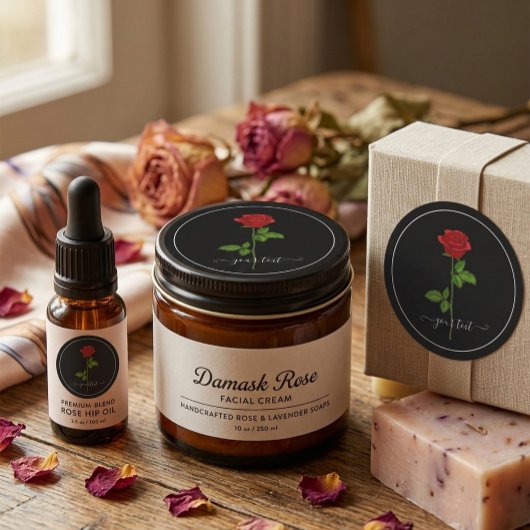 Schwarzer Rundaufkleber mit Rote Rose und benutzer Runder Aufkleber