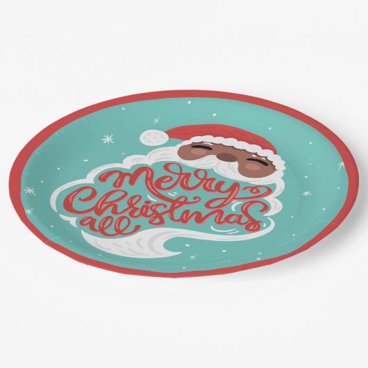 Schwarzer Santa | Frohe Weihnachten | Türkisblau Pappteller (Schrägansicht)
