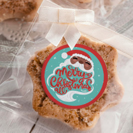 Schwarzer Santa | Frohe Weihnachten | Türkisblau Runder Aufkleber