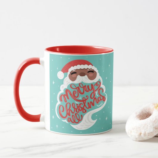 Schwarzer Santa | Frohe Weihnachten | Türkisblau Tasse (Mit Donut)