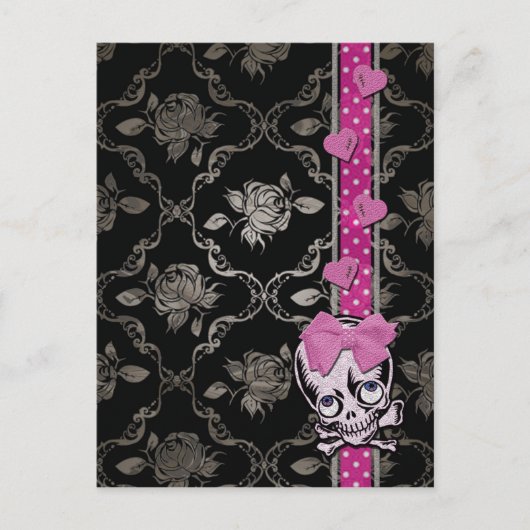 Schwarzer Schädel mit rosa Leim auf schwarzer Dama Postkarte (Vorderseite)