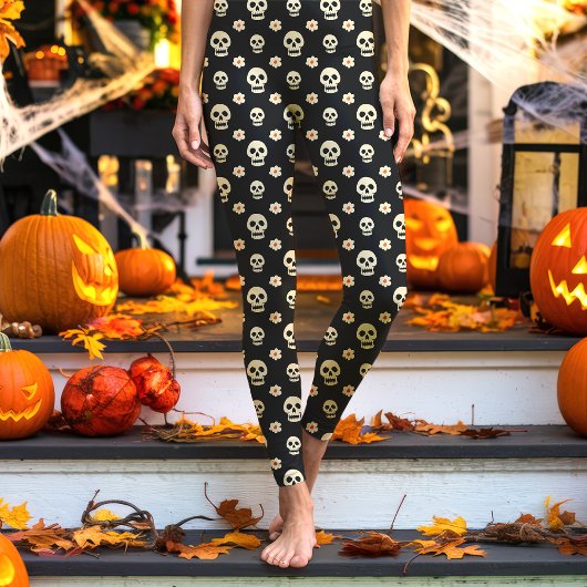 Schwarzer Schädel und Blume BlumenHalloween Leggings