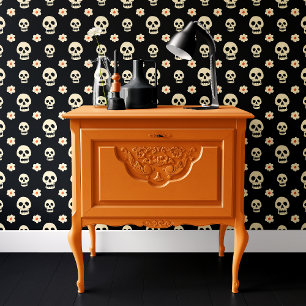 Schwarzer Schädel und Blume Halloween Tapete