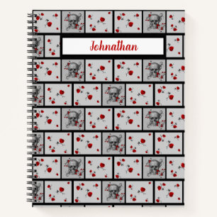 Schwarzer Schädel und Gemusterte Rote Rosen Notizblock