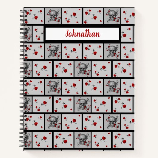 Schwarzer Schädel und Gemusterte Rote Rosen Notizblock (Vorderseite)
