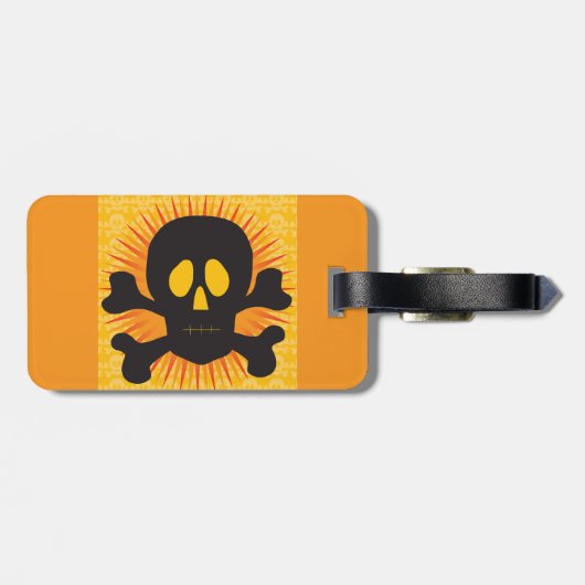 Schwarzer Schädel und Kreuzknochen Gepäckanhänger (Rückseite horizontal)