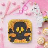 Schwarzer Schädel und Kreuzknochen Pappteller (Party)