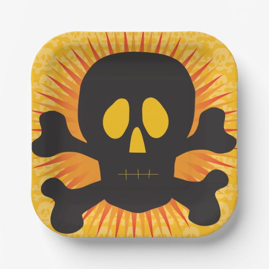 Schwarzer Schädel und Kreuzknochen Pappteller (Vorderseite)