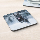 Schwarzer Schäfer im Schnee Getränkeuntersetzer (Linke Seite)