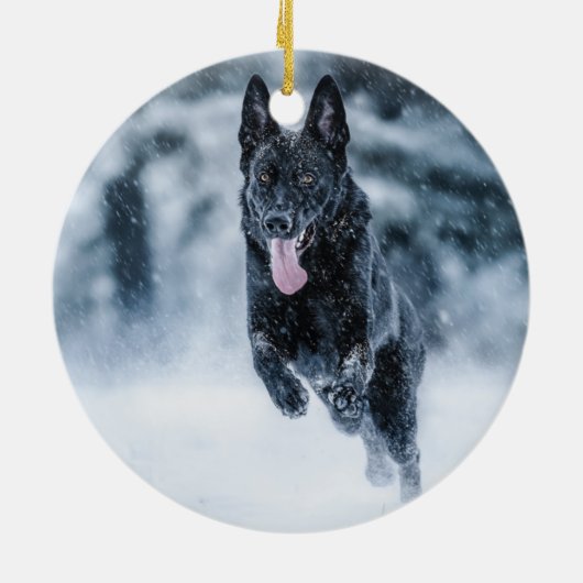Schwarzer Schäfer im Schnee Keramik Ornament (Hinten)