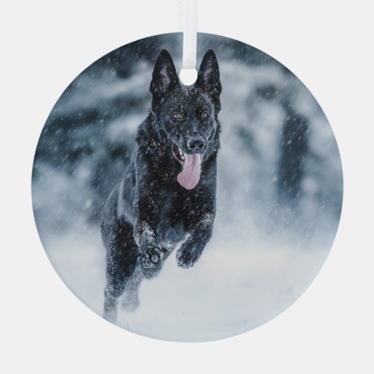 Schwarzer Schäfer im Schnee Ornament Aus Glas (Rückseite)