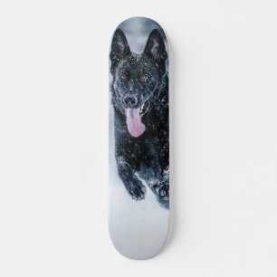 Schwarzer Schäfer im Schnee Skateboard