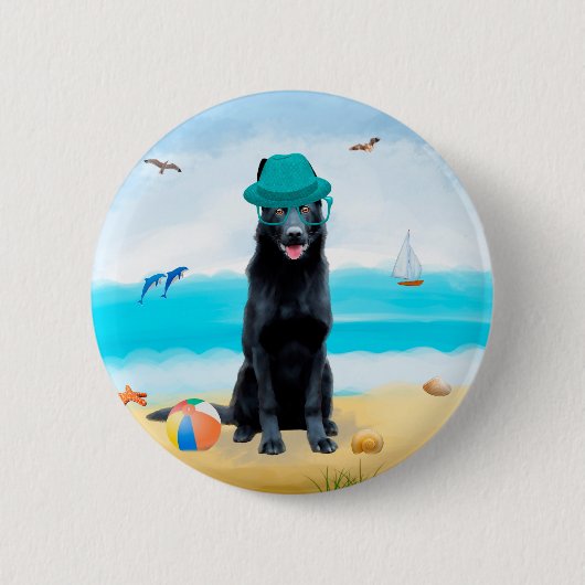 Schwarzer Schäferhund am Strand Button (Vorderseite)