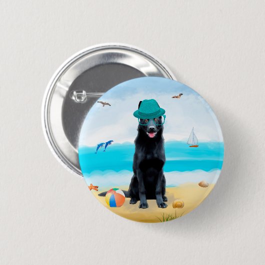 Schwarzer Schäferhund am Strand Button (Vorne & Hinten)
