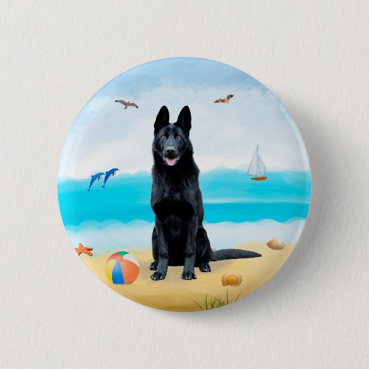 Schwarzer Schäferhund am Strand Button (Vorderseite)