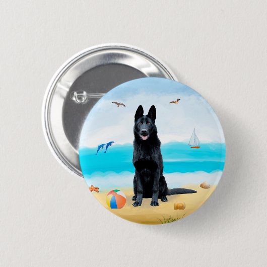 Schwarzer Schäferhund am Strand Button (Vorne & Hinten)