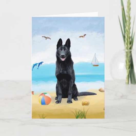 Schwarzer Schäferhund am Strand Karte (Vorderseite)