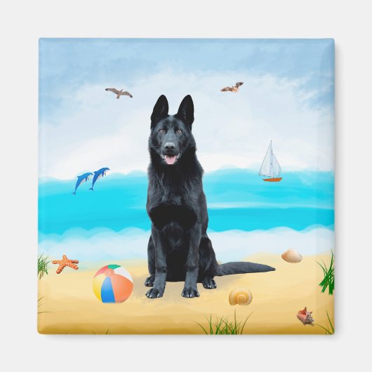Schwarzer Schäferhund am Strand Magnet (Vorne)