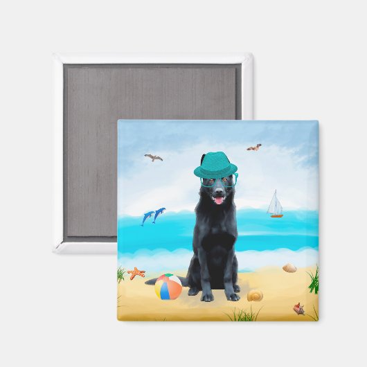 Schwarzer Schäferhund am Strand Magnet (Vorderseite/Rückseite)