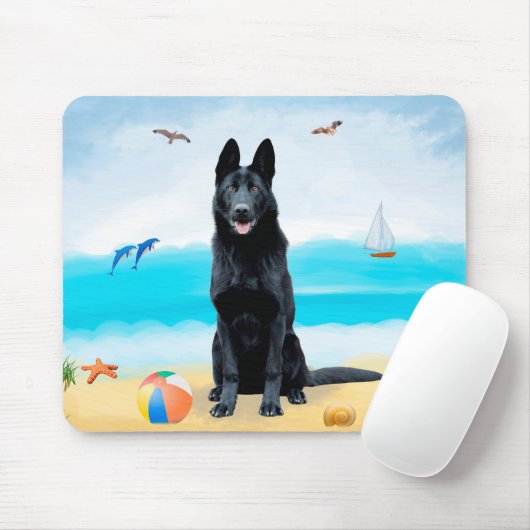Schwarzer Schäferhund am Strand Mousepad (Mit Mouse)