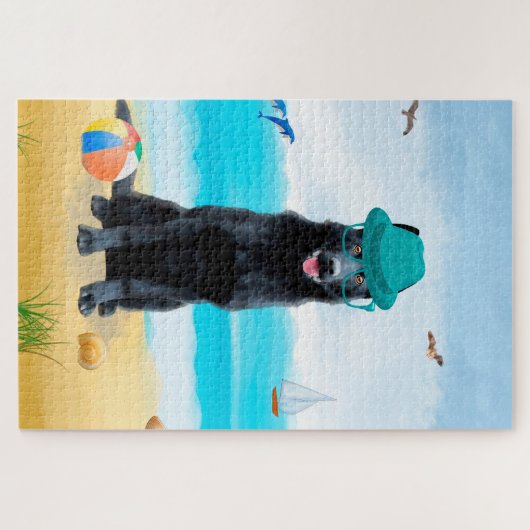 Schwarzer Schäferhund am Strand Puzzle (Horizontal)