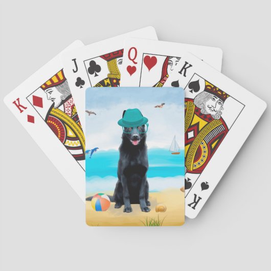 Schwarzer Schäferhund am Strand Spielkarten (Rückseite)
