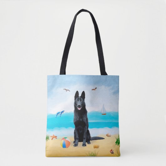 Schwarzer Schäferhund am Strand Tasche (Vorderseite)