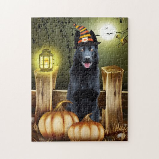 Schwarzer Schäferhund Hund Hexenhut Halloween Puzzle (Vertikal)