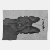 Schwarzer Schäferhund Kopf und Name Grau Geschirrtuch (Horizontal)