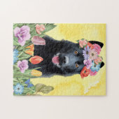 Schwarzer Schäferhund mit Blume Frühjahr Puzzle (Horizontal)