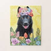 Schwarzer Schäferhund mit Blume Frühjahr Puzzle (Vertikal)