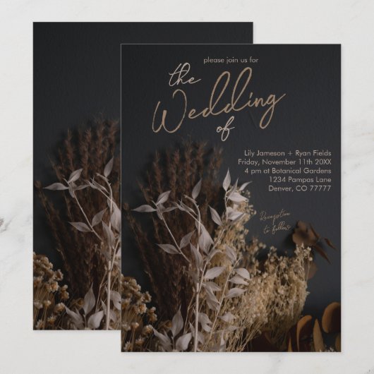 Schwarzer Schieferdunkel getrocknete florale Boho Einladung (Vorne/Hinten)