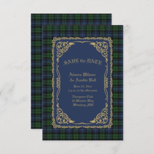 Schwarzer Schimmer antiker Tartan mit Goldrahmen Save The Date (Vorne/Hinten)