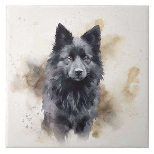 Schwarzer Schipperke Hund, Wasserfarben Haustiere Fliese (Vorderseite)