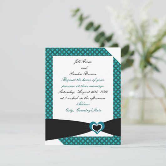 Schwarzer Schlag mit Aquamariner Bow-Hochzeitseinl Einladung (Stehend Vorderseite)