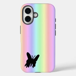 Schwarzer Schmetterling auf Pastell Rainbow iPhone 16 Hülle
