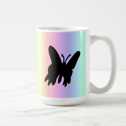 Schwarzer Schmetterling auf Pastell Rainbow Kaffeetasse (Rechts)