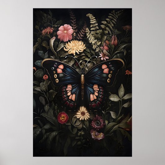 Schwarzer Schmetterling im dunklen Blumengarten, m Poster (Vorne)