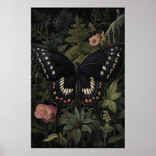 Schwarzer Schmetterling im dunklen Blumengarten, m Poster
