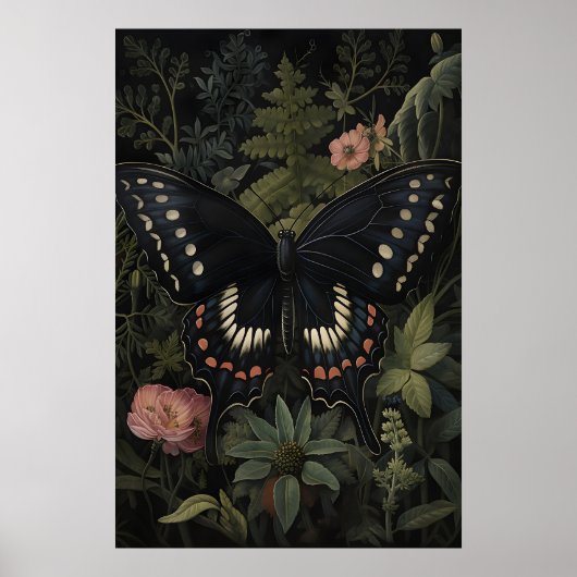 Schwarzer Schmetterling im dunklen Blumengarten, m Poster (Vorne)