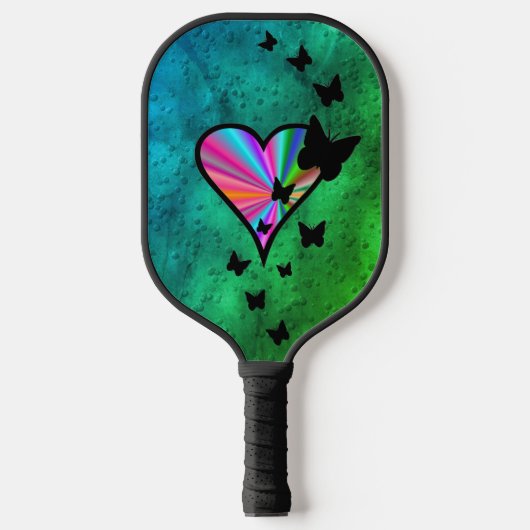 Schwarzer Schmetterling im Regenbogenherz Pickleball Schläger (Vorderseite)