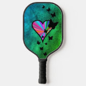 Schwarzer Schmetterling im Regenbogenherz Pickleball Schläger (Rückseite)