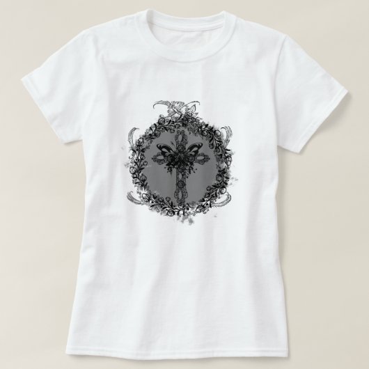 Schwarzer Schmetterling Kreuz Blume Rahmen floral T-Shirt (Design vorne)