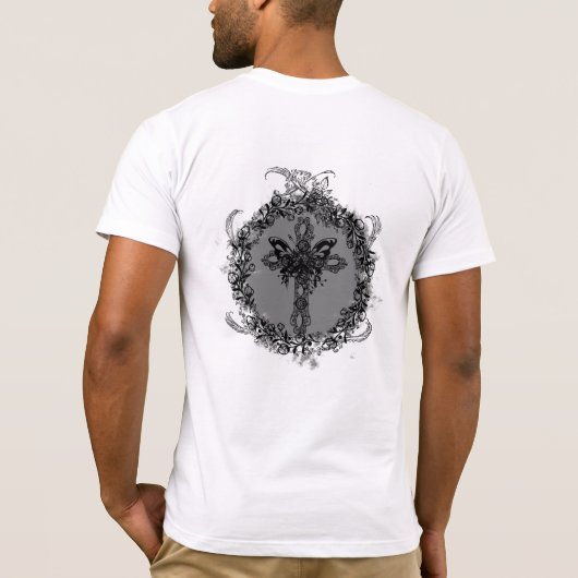Schwarzer Schmetterling Kreuz Blume Rahmen floral T-Shirt (Rückseite)